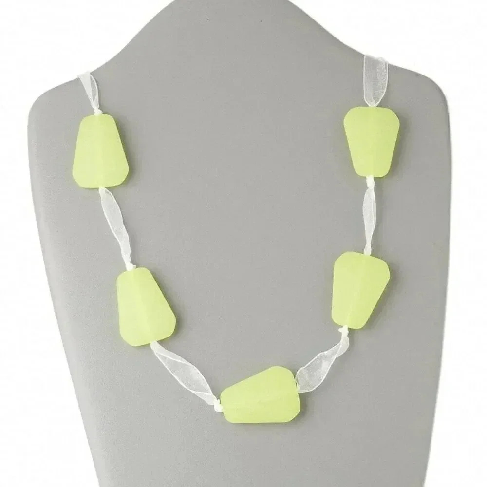 Chunky Retro Frosted Pale Lime Trapezoid Adjustable 50" Long Ribbon Tie Necklace